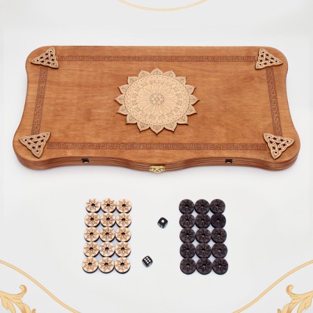 Scandinavian backgammon, carved large, wooden board 45 x 45 cm