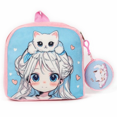 Baby plush backpack with a wallet "Girl with a cat", 24*24 cm, pink color-1