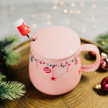 New Year! New Year's Ceramic mug with a spoon "warmth and comfort!", 350 ml, pink color-5