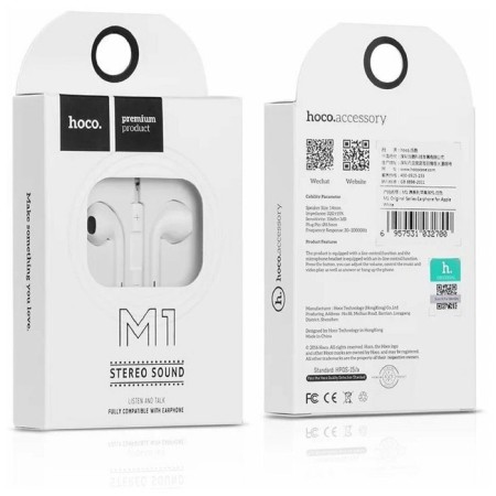 Hoco M1 headphones, wired, inserts, microphone, jack 3.5, 1.2 m, white-2
