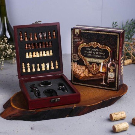 Wine set: a soda knife with a corkscrew, a drip, a foil knife and a plug for wine with chess "Golden Man".-1