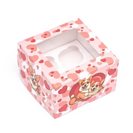 Packaging for 4 cupcakes with a window, pink "Corgi", 16 x 16 x 10 cm-1