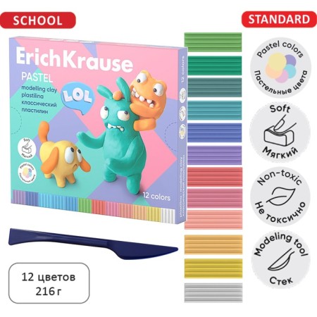 Plasticine 12 colors, 216 g, Erichkrause "Jolly Friends Pastel", with a stack, in cardboard packaging
