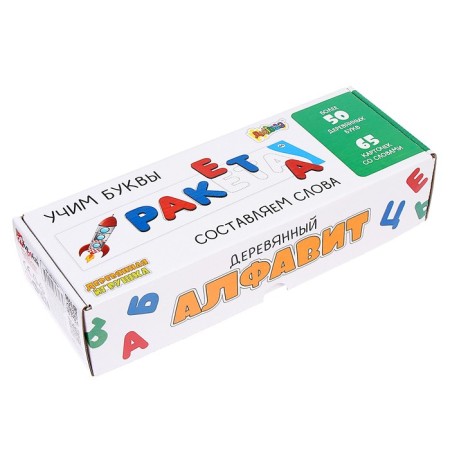 A set of wooden letters and 65 cards with the words "Learning letters. We make words "-5