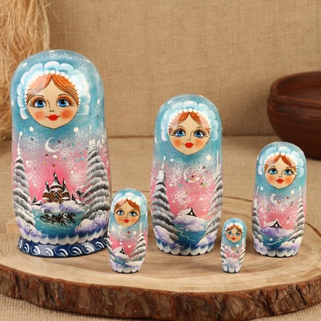 Nesting doll "Winter", Blue, 5 puppet, suite-12