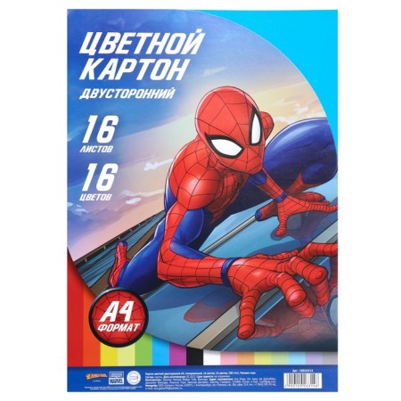 Cardboard tinted, A4, 16 sheets, 16 colors, moped, bilateral, in a package, 180 g/m², Spider-Man-5