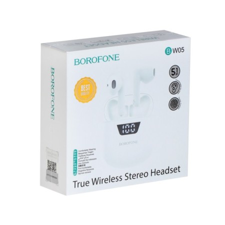 Headphones Borofone BW05 Pure, TWS, inserts, Bluetooth 5.1, 30/250 mAh, display, white-4