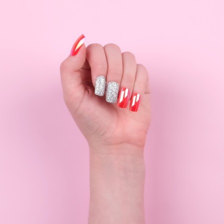 Overhead nails, 24 pcs, with adhesive plates, shape soft square, silver color/holography-12