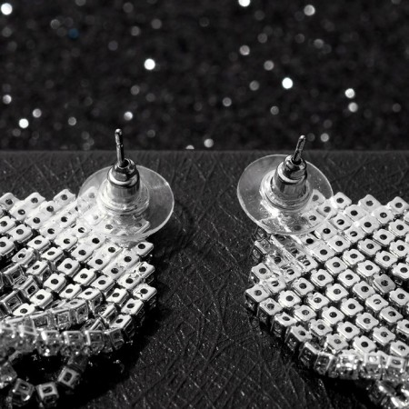 Hanging earrings with rhinestones "Waterfall" Pentagon, white color in silver, 9.7 cm-2