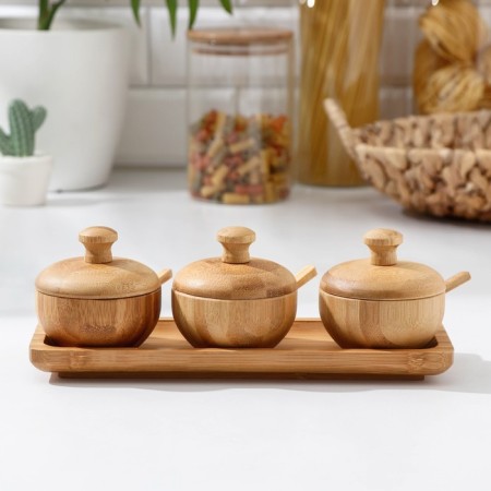 Sugar set, 3 pcs, with spoon, bamboo