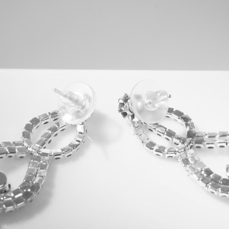 Hanging earrings with grace rhinestones, drops of trio, white color in silver, 9 cm-2