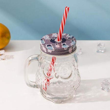 Glass jar with a lid and tube "owl", 470 ml, 10 × 11.5 × 12.5 cm, color mix-1