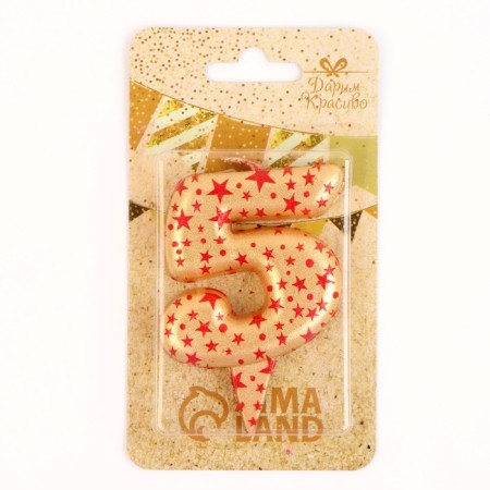 Candle in the Sanata cake, number "5", gold with red stars, 5.5 cm-2