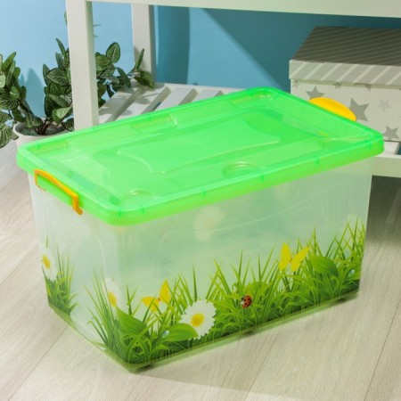 The container for storage with the lid "Hide Box. Grass ", 50 l, 60 × 38 × 31 cm, on wheels, mix-8