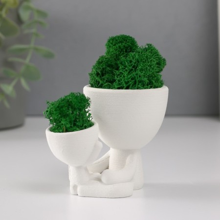 Kashpo concrete mini "Mr. Green with a baby" with moss white 5.5x8.5x6.5 cm (moss green stabil)-1