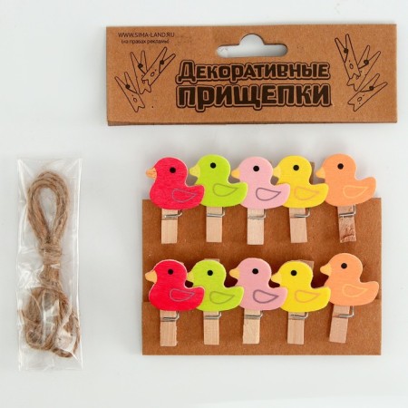 Decorative clothespins with a rope for the suspension "Ducks" set 10 pcs. - 1, 5 × 12 × 14 cm