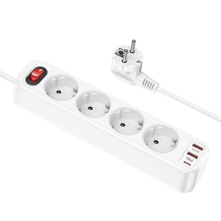 Network filter Hoco NS1, 4 outlets, 4000 W 16 A, Type-C PD 20 W, 2 USB 3 A, 1.8 m, white-1