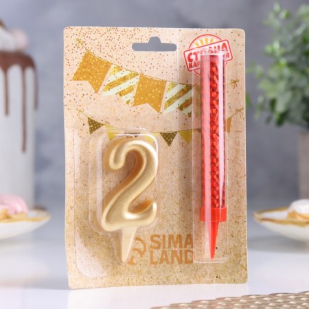 Candle for cake the number "2", "Oval + fountain" Golden-4