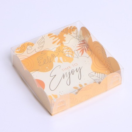 Cookie box, confectionery packaging with PVC lid, Time to Enjoy, 10.5 x 10.5 x 3 cm
