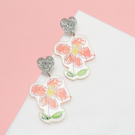 Acrylic earrings "flowers" drawn, colored in silver