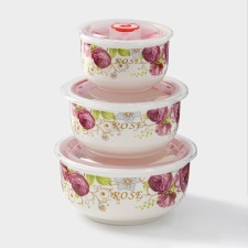 A set of ceramic salad bowls with rosalind vacuum lids, 3 items: 250 ml, 550 ml, 850 ml, D = 15.5/12.5/10 cm