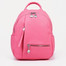 A backpack with a zipper, 5 outer pockets, pink color