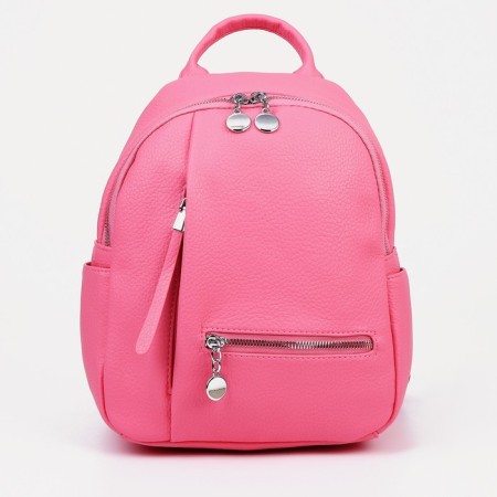 A backpack with a zipper, 5 outer pockets, pink color