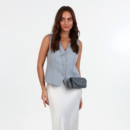 Female bag, valve department, long chain, silver color-1