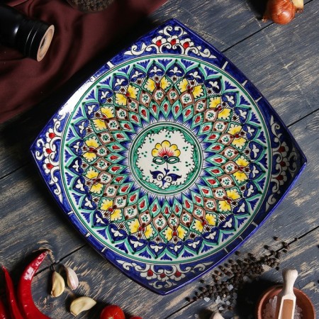 Largan Rishtan ceramics "Patterns", 25 cm, square, blue-1