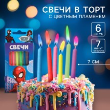 A set of candles in a cake 6 pieces, with a colored flame, Spider-Man