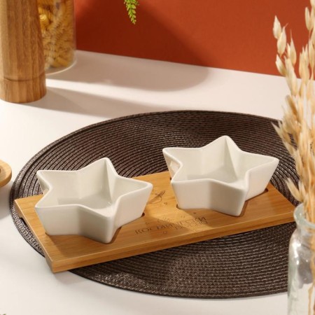 Ceramics dishes on a wooden stand “Cosmically tasty”, 100 ml, 2 pcs, white color