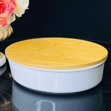 Блюдо для запекания Lenardi, овальное, бамбуковая крышка, фарфор, длина 24 см