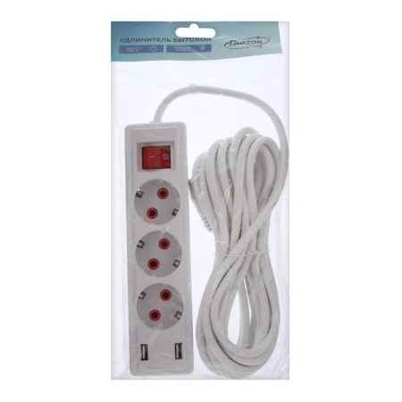 Extension cord Luazon Lighting, 3 sockets, 5 m, 10 A, 2200 W, 2x0.75 mm2, 2xUSB, with excavation, b-5
