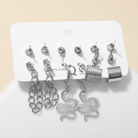 Earrings set 6 pairs "trend" snakes, color silver-2
