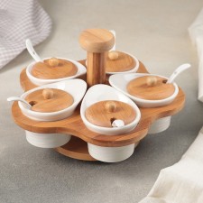 A set of ceramic cans for spices with spoons on an esthete wooden stand, 5 items: 100 ml, white color