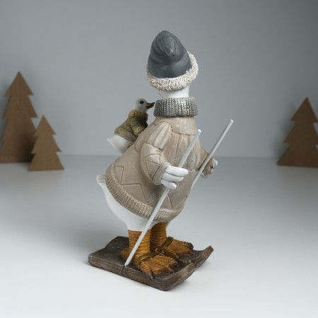 Polystone souvenir "Goose skiing, with a goose on the back" gray-beige 9.5x13.5x23.5 cm-3