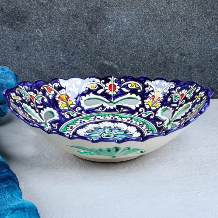Rishtan ceramics "Flowers", 27 cm, blue, corrugated, oval-4