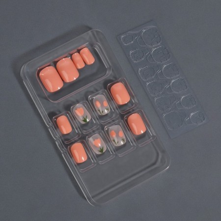 Flower overhead nails, 12 pcs, with adhesive plates, soft square shape, peach/milk color-1