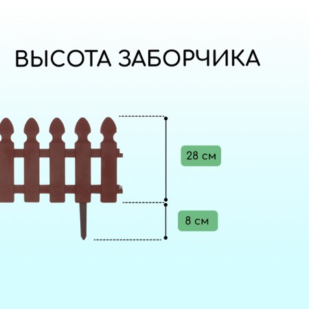 Decorative fence, 36 × 200 cm, 4 sections, plastic, chocolate color, “picket fence”-2