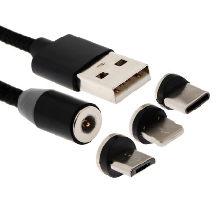 Windigo, 3 in 1, MicroUSB/Lightning/Type -C - USB, Magnetic, 2 A, Nylon, 1 m, black-3