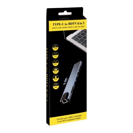 TYPE-C Langer (HUB), 2USB, port Ethernet, HDMI, 2TYPE-C, SD, Microsd, 10cm, Silver-1