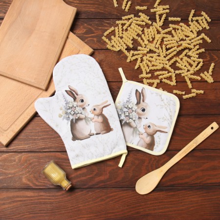 Set of kitchen. Dolyana "Zaychata": mittens 20x28 cm, severity 17x17 cm, 35% HL, 65% PE-6