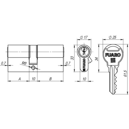 Fuaro R300/60 cylinder mechanism (25x10x25) CP, 5 keys, chromium color-1
