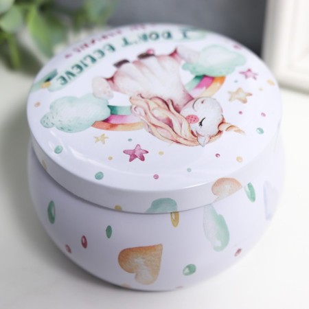 Casket Metal Circle "Unicorn and Rainbow" convex pattern 5x7.5x7.5 cm-1