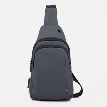 Male sling bag from textiles, headphone opening, gray color