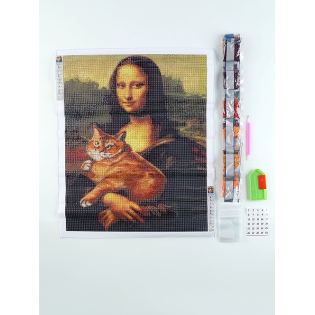 Diamond mosaic with a complete filling on the canvas "Mona Lisa with a Cat", 40 x 50 cm-1