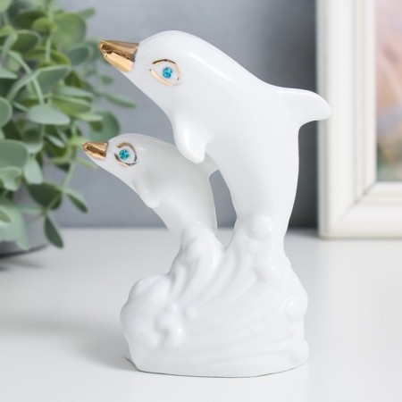 Souvenir Ceramics "Two White Dolphin on the Wave" Rhinestones 12 cm-2