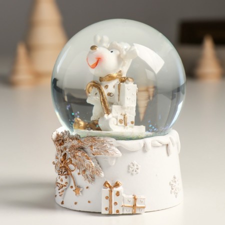 Souvenir Polystone Water Ball "Losik with a gift" White with gold 7x8x9 cm-6