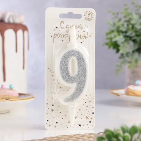 Candle for Cake "Super Blood", 10.4 cm, number "9", silver sparkle-1