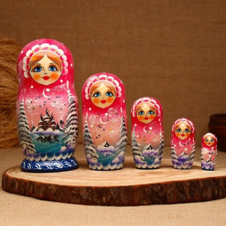 Nesting doll "winter", pink, 5 puppet, suite